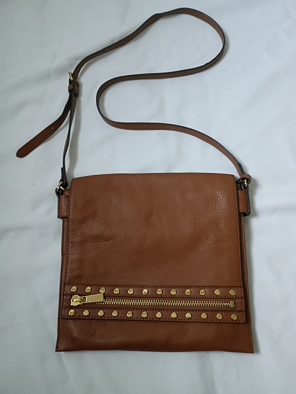 Vince Camuto Brown Leather Crossbody with Gold Crest Medallion